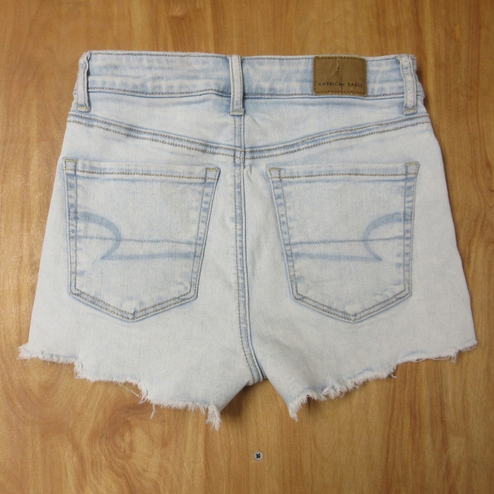 AMERICAN EAGLE Super Hi-Rise‎ Shortie Shorts Size 0 Light Blue Denim Jean Jorts
